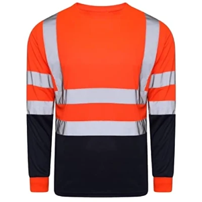 Image of Hi Viz Vis High Visibility Crew Neck Long Sleeves T Shirts Reflective Tape Safety Round Security Work Breathable Lightweight Workwear Tops (Orange/Navy Medium)