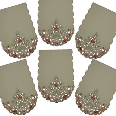 Image of GiftsScotland.com Pack of 6 Cream Pink Green Embroidered Floral Cutwork Scalloped Edge Chair Back Covers Antimacassar 193