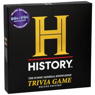 Image of HISTORY Channel Trivia Board Game Deluxe Edition with 80s &amp; 90s Expansion Pack 2400+ General Knowledge Questions. Fun Party Card for Adults, Family Teens in The Pursuit of Trivial