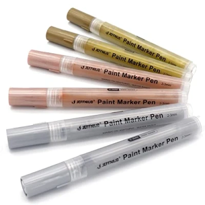 Image of JEFFNIUB Acrylic Pens Gold Silver and Rose Gold, 3 mm Metallic for Stones Waterproof, Wood, Canvas, Fabric, Glass, Metal, Guest Book DIY