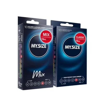 Image of MY.SIZE Mix Set Size 5, 60 mm: 10 Classic Condoms + in 4 exciting Varieties, with Flavor, Color, Ribbed &amp;