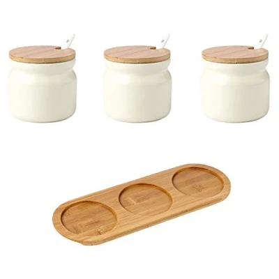 Image of OnePine Set of 3 Sugar Bowl, 300ml Ceramic Spice jar seasoning container salt with Bamboo Lid and Spoon for Kitchen