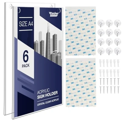 Image of Acrylic Sign Holder A4 Clear Frame Paper with Multiple Mounting Options Included, Wall Mount Poster Display Holder, Plastic Message Board for Home, Office, Store, Restaurant (A4 6 Pack)