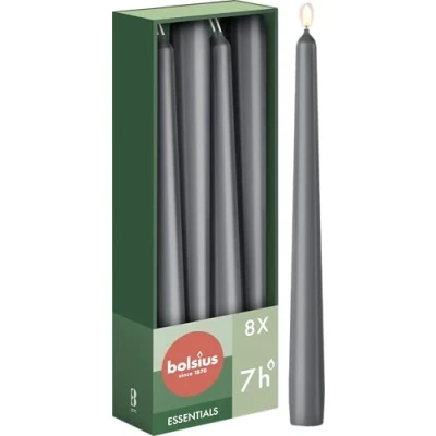 Image of Bolsius Tapered Candles Anthracite 8 Pack 24.5 cm Decorative Household Burning Time of 7 Hours Unscented Includes Natural Vegan Wax Without Palm Oil