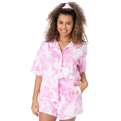 Image of Barbie Ladies 3 Piece Co Ord Set Pink Towelling Tie Dye Beach Cover Up for Women Shirt, Shorts &amp; Scrunchie Hair Bobble Complete Logo Swimwear Merchandise Gift Adults