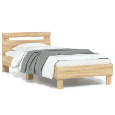 Image of vidaXL Single Bed Frame with Headboard LED Light Feature, Plywood Slats, Sonoma Oak Finish, 90x190 cm for Bedrooms