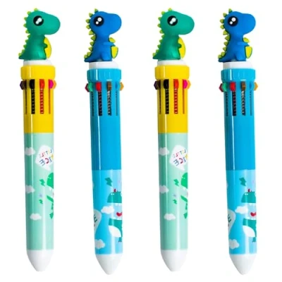 Image of Toyseum 8 x Dinosaur 10 in 1 Multi Colour Pens, Themed Fillers for Kids Dino Party Bags, Unisex Goody Bag Favours Boys and Girls, Stationery Gift Set, Removable Toy Topper, Pack of