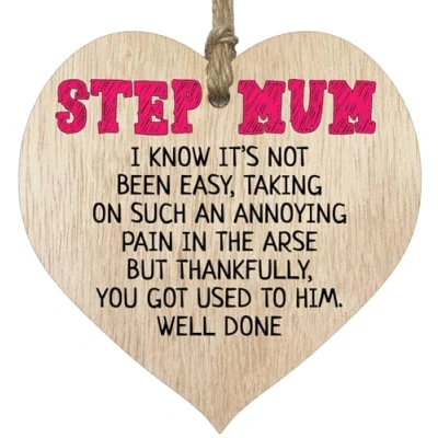 Image of Step Mum Gifts from Daughter Son Well Done Best Gifts, Presents for Mum, Hanging Wooden Heart Sign Plaque, Birthday Gift, Mothers Day Light Wood Hearts