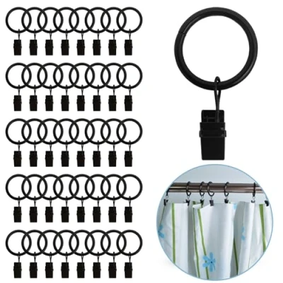 Image of 40 Pack Metal Curtain Rings with Clips Black Rustproof Vintage Hangers Clips, Window Hardware Clip Rings, Strong Drapery 25mm Interior Diameter, Fits 16mm Rod