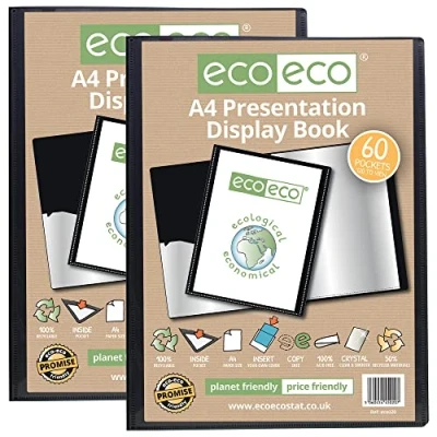 Image of eco A4 Size 50% Recycled 60 Pocket Black Presentation Display Book, Storage Case Portfolio Art Folder with Plastic Sleeves, (Pack of 2), eco020x2