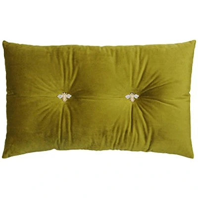 Image of Bumble Rectangular Bee Scatter Cushion Olive Green Faux Velvet Look and Feel Jewelled Metal Buttons Polyfilled 100% Polyester 30 x 50cm (12&quot; 20&quot; inches) Made by Riva Paoletti
