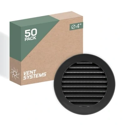 Image of Vent Systems 100 mm / 4&quot; Inch Round Soffit Cover Pack of 50 Black Louvered Plastic Grill Grille with Screen Mesh HVAC, Ducting, Pipe Air Supply Vents for Bathroom, Kitchen