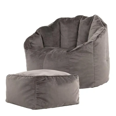 Image of icon Sirena Bean Bag Chair and Footstool, Charcoal Grey, Velvet Accent Chair, Adult Seat Pouffe with Filling Included, Large Bag, Living Room Furniture