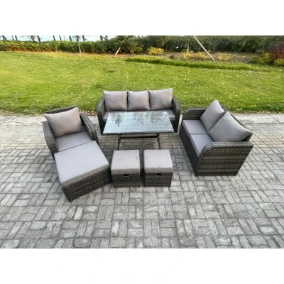 Image of 9 Seater Outdoor Rattan Garden Furniture Set Patio Lounge Sofa with Dining Table 3 Footstools Dark Grey Mixed Fimous