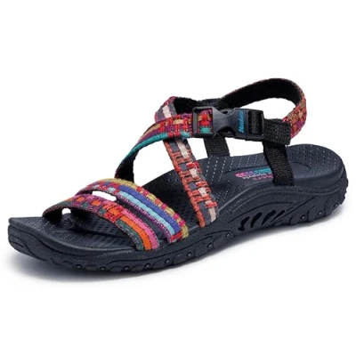 Image of Skechers Women&#039;s Reggae Sew Me Boho Woven Strappy Slingback Sandal, Black Multi, 6 UK
