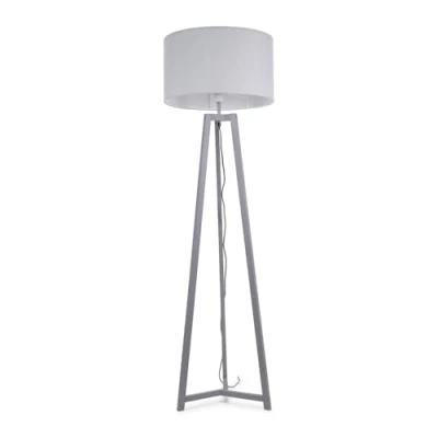 Image of Grey Wood Tripod Floor Lamp with Fabric Drum Lampshade Living Room Light LED Bulb Included