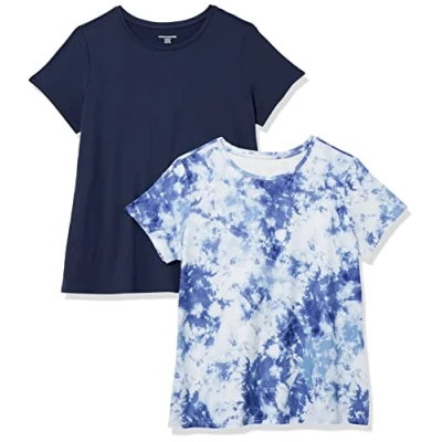 Image of Amazon Essentials Women&#039;s Tech Stretch Short Sleeved Crew Neck T Shirt (Available in Plus Size), Pack of 2, Navy/White Tie Dye, XXL