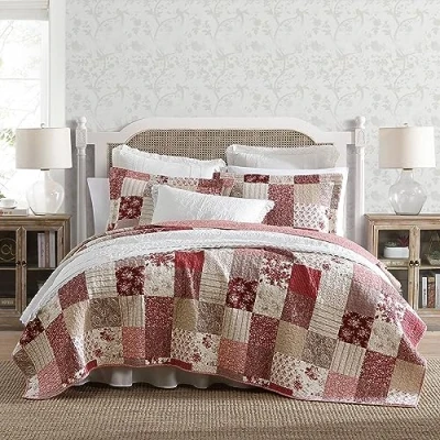 Image of Laura Ashley Queen Quilt Set, Reversible Cotton Bedding with Matching Shams, Patchwork Inspired Home Decor (Celina Red, Queen)
