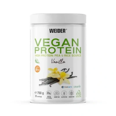 Image of Weider Vegan Protein (750g) Vanilla Flavour. 23g Protein/dose, Pea Isolate (Pisane) &amp; Rice Proteins. with Vitamin B12 Stevia. Gluten Free, Sugar Free. Packaging 50% Recycled, 100% Recyclable