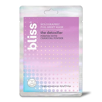 Image of Bliss The Detoxifier Charcoal Facial Mask Holographic Foil Sheet Gently Exfoliates and Detoxifies Pores. Super Smooth Radiant Skin. All Skin Types. Cruelty Free &amp; Vegan