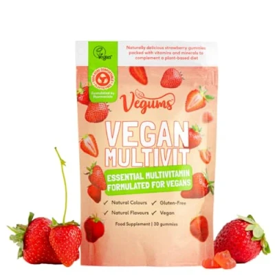 Image of Vegums The Multivitamin for Vegans 30 Strawberry Flavoured Dietary Supplement Gummies Kids and Adults Contains Vitamin B12, B6 More