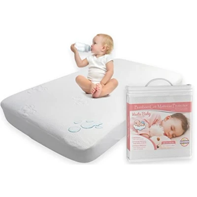 Image of Premium Cot Mattress Protector 60 x 120 cm Noiseless Waterproof Pad Cover Fitted Sheet Natural Bamboo Silent Topper for Infant and Toddler Baby Bed