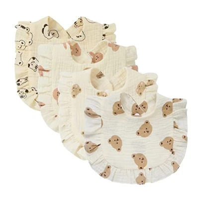 Image of 4 PACK Solid Muslin Baby Drool Bibs Set for Unisex Boys Girls Cotton Adjustable Teething Feeding Drooling (Animal Set)