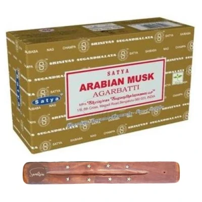 Image of Satya Nag Champa Arabian Musk incense sticks x12 pack with SAMASIA holder Used for Aromatherapy, Spa, Yoga, Weddings, Meditation, Healing, Positivity and Relaxation