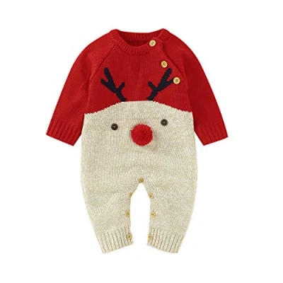 Image of Verve Jelly Unisex Infant Baby Christmas Sweater Toddler Knit Jumpsuit Reindeer Outfit Red Clothes