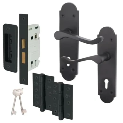 Image of EAI Black Door Handle Key Lock Set Victorian Scroll Shaped 1 Pair of Internal Matt Lever Handles on Backplate with Hinges (76mm), Sash (64mm) &amp; Keys