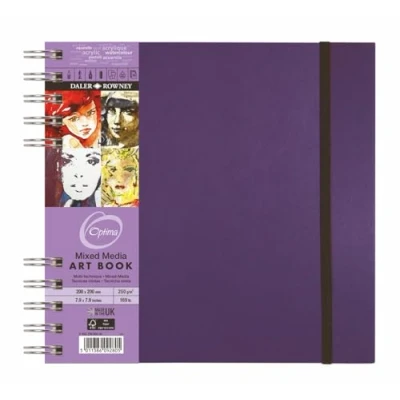 Image of Daler Rowney Optima Mixed Media Artbook, Lightly Textured, 250 gsm, 169lb, Spiral Bound, Hardback, Portrait, Elastic Closure, 20 x cm, Amethyst Cover, 30 Sheets