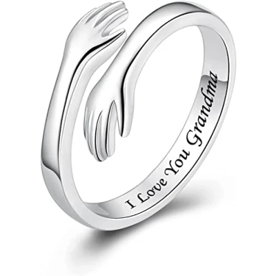 Image of 925 Sterling Silver Hug Rings for Women, I Love You Forever Mother Gift Sister Gifts Engraved Words Hugging Hands Open Ring Friendship Jewelry (I Grandma)