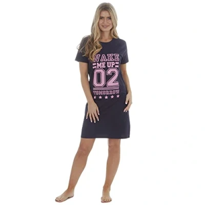 Image of INSIGNIA Womens Ladies Short Sleeve Jersey Nightshirts Nightie Nightdress (Navy Wake Me Up, 16 18)