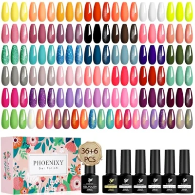 Image of Phoenixy Gel Nail Polish Set, 36 Colours Red Orange Purple Varnish Set Soak Off UV Kit with Glossy Matte Glitter Base Top Coat Art Gift for Woman
