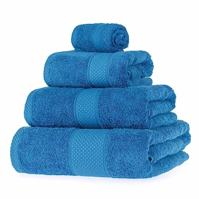 Image of HOMESCAPES Cobalt Blue Turkish Cotton 4 Piece Towel Set Soft &amp; Absorbent 500 GSM Heavyweight Face Cloth, Hand Towel, Bath Sheet Bale