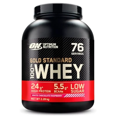 Image of Optimum Nutrition Gold Standard Whey Muscle Building and Recovery Protein Powder With Naturally Occurring Glutamine Amino Acids, White Chocolate Raspberry, 76 Servings, 2.28kg, Packaging May Vary