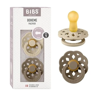 Image of BIBS Boheme Soother 2 Pack. BPA Free. Round Nipple, Size 1 (0 6 Months), Vanilla/Dark Oak