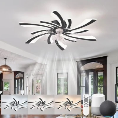 Image of KeLuKes Silent Ceiling Fans with Lights Compatible Alexa and Google Assistant, 78cm Bedroom Fan Lamp, Dc Motor, Timer Memory Function Reversible Dimmable Light, Black