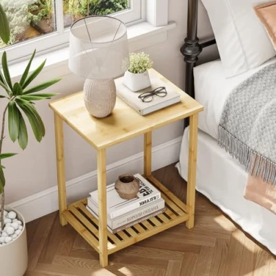 Image of Dripex Bamboo End Table, 2 Tier Narrow Nightstand, Bedside Slim Coffee Table Small Spaces, Storage Sofa Side for Living Room, Bedroom or Office