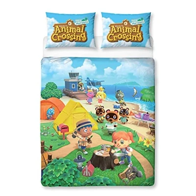 Image of Animal Crossing Official Double Duvet Cover Reversible Two Sided Beach Design Polycotton Fun Bedding with Matching Pillow Case, Multi Coloured, 200 x 135cm (Double Duvet)