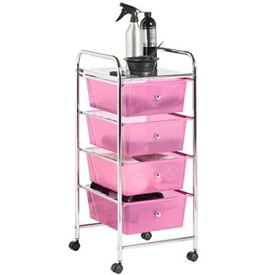Image of VonHaus 4 Drawer Plastic Storage Trolley, Multipurpose Rolling Cart, Unit for Home Office Stationery Organisation, Make up, Beauty Mobile Design Tier Shelving Castor Wheels (Pink)