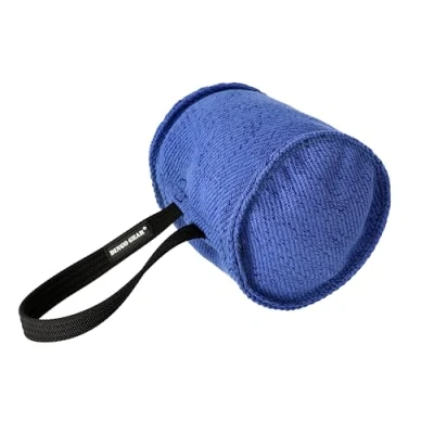 Image of DINGO GEAR Berta Tug Toy in a Barrel Shape for Bite Training, K9, IGP, Fetch, Prey Drive, Obedience, Dog Sports, French Material with 1 Handle, Blue (S00095)