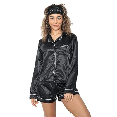 Image of True Face Womens Pyjamas Ladies Satin Pyjama Set Women Pjs Shorts Silk Nighty Sleepwear Long Sleeve Button Down Shirt Girls Nightwear Loungewear Top Bottom Black With Eye Patch L