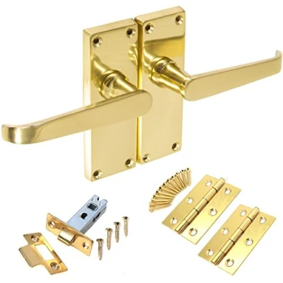 Image of 2X Sets of Polished Brass Straight Interior Door Handles Internal Victorian Latch Kits