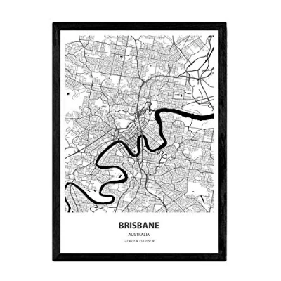 Image of Nacnic Poster with map of Brisbane Australia. Sheets cities in Australia seas and rivers black color. A4 size