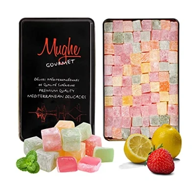 Image of Mughe Gourmet Turkish Delight Candy Elegant Tin Box 1.65lb/750g Halal, Vegan Lokum Fruit Flavors Rose, Strawberry, Lemon, Orange, Mint Gift for Special Occasions, Father&#039;s Day, Birthdays