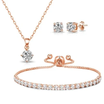 Image of Philip Jones Rose Gold Plated Solitaire Friendship Set Created with Zircondia® Crystals