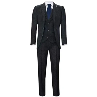 Image of Men&#039;s Classic 3 Piece Black Herringbone Authentic 1920s Tweed Suit 42/36W