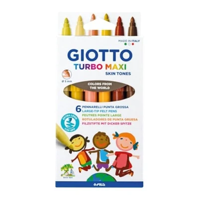 Image of GIOTTO Turbo Maxi Super Washable Felt Tip Fibre Pens, Large Nib 5mm, 6 Skin Tone Assorted Colours, Ideal for Children, Parties and Schools