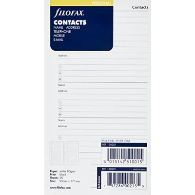 Image of Filofax Personal Contacts Name/ Address/ Email/ Telephone/ Fax/ Mobile, White